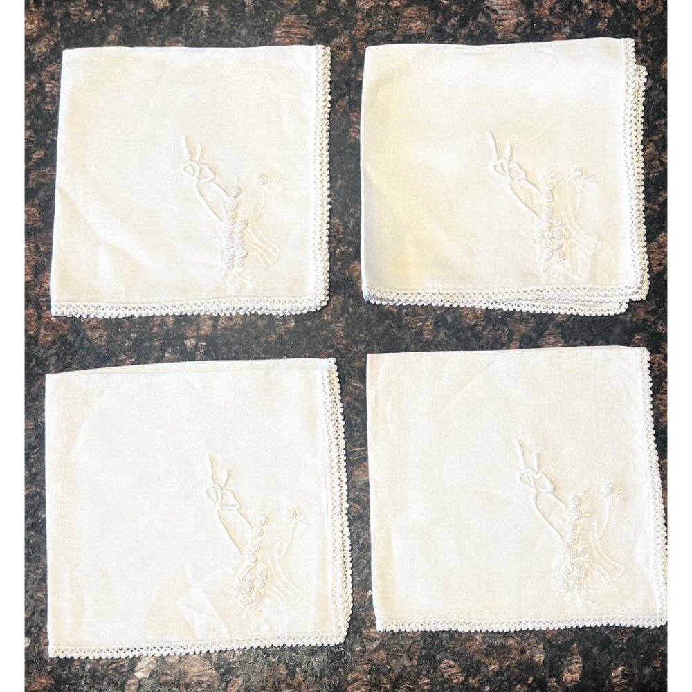 White Linen Napkins With Hand Embroidered Floral Basket Design & Lacey Edging Se - Picture 10 of 10